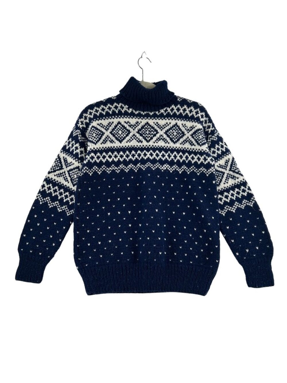 VTG Hand Knit by Sadie Blanksma Sweater Women's S Blue Fair Isle Turtleneck